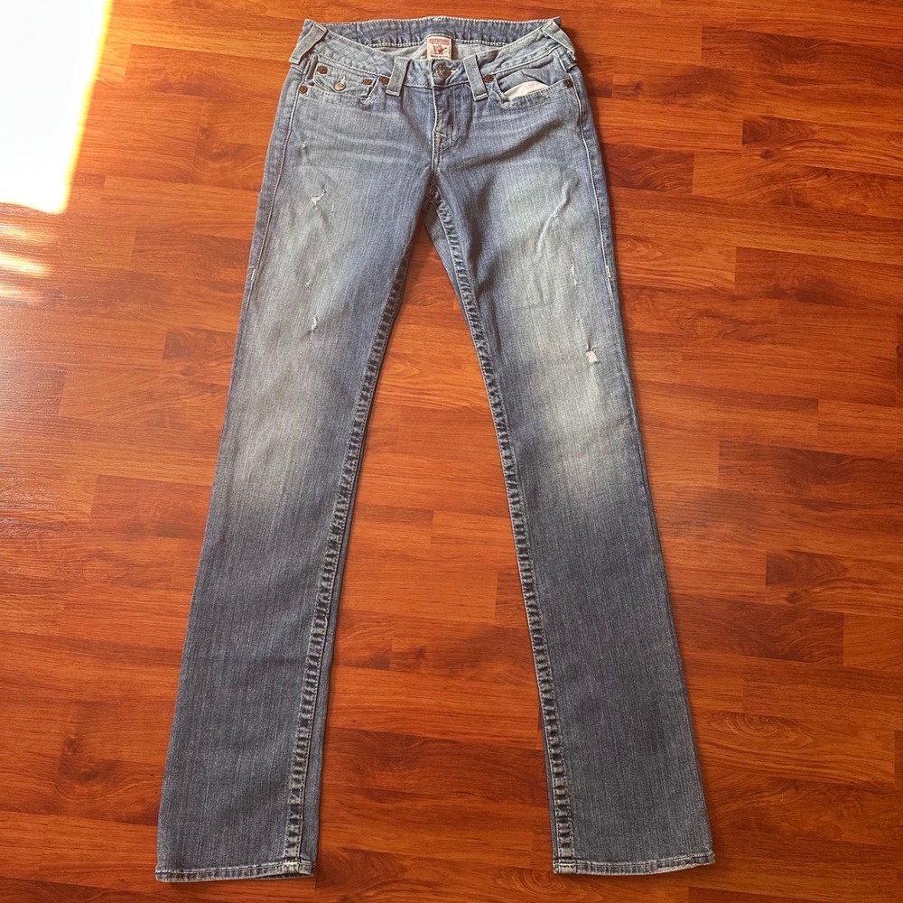 True Religion Distressed Jeans Women Y2K Low Rise Bootcut McBling Faded Denim